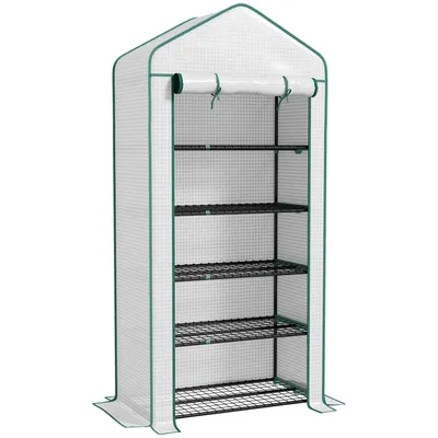 Image de Outsunny Serre de jardin PE avec étagères 5 niveaux, serre de balcon, bâche renforcée 135 g/m², châssis en acier, porte zippée enroulable, pour légumes plantes fleurs, 90x49x193cm, blanc