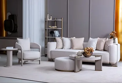 Obrázek produktu pro Moderní sada pohovky a židle v elegantním designu s bílými polštáři