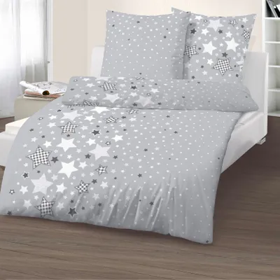 Produktbild von Sterne und Sternchen Bettwäsche in grau & weiß 80x80 + 135x200 cm · Kinder-Bettwäsche in Fein-Biber - 100% Baumwolle
