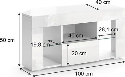 A white, high-gloss lowboard with dimensions indicated by measurement lines and text.