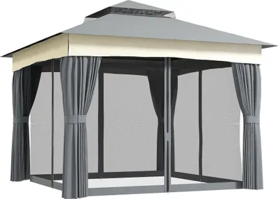 Produktbild von Outsunny Pavillon mit Doppeldach, 3x3 m Wasserabweisend Stabil Winterfest Gartenpavillon mit Moskitonetz, Seitenteile, Garten-Pavillon aus Metall, für Garten, Terrasse, Dunkelgrau