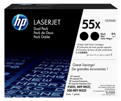 Image de HP 55X Black 2-pack LJ Toner Cart, CE255XD (12,500 / 12,500 pages)