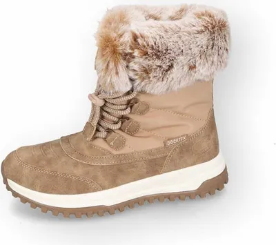 A single brown winter boot with fur trim is shown against a white background.