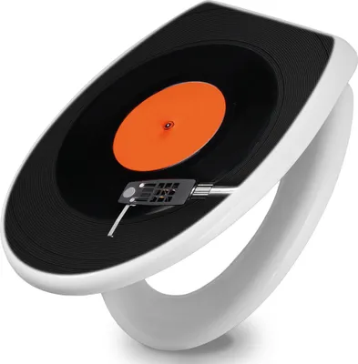 A toilet seat designed to look like a vinyl record player.
