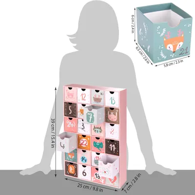 Productafbeelding van BRUBAKER Adventskalender om zelf te vullen - Dierenkerstthema, roze - Adventskalender met 24 vakjes voor cadeaubonnen en snoepjes - 39 cm - Karton