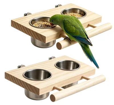 Productafbeelding van 2 stuks roestvrijstalen vogelvoeraccessoires met houten zitstok voor parkieten en papegaaien
