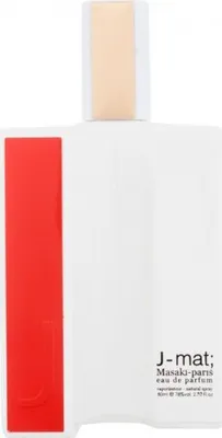A white perfume bottle with a red stripe and beige cap.