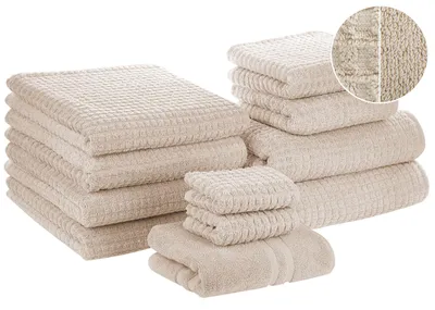 Produktbild von BELIANI Badehandtuch Set mit Badematte 11-teilig Beige Baumwolle Frottee Handtücher in verschiedenen Größen Badteppich Bad Ausstattung Accessories