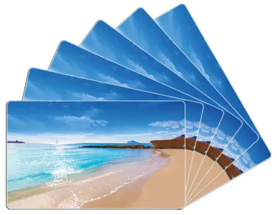 Produktbild von Wallario Frühstücksbrettchen 6er Set aus Glas, je 14 x 23 cm, mit rutschfesten Füßen, Motiv Traumstrand unter blauem Himmel