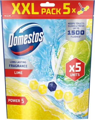 Produktbild von 1x Domestos Power 5 Lime WC Randblöcke WC-Erfrischer mit langanhaltendem Duft reinigen und auffrischen für bis zu 300 Spülungen 5 x 50 g