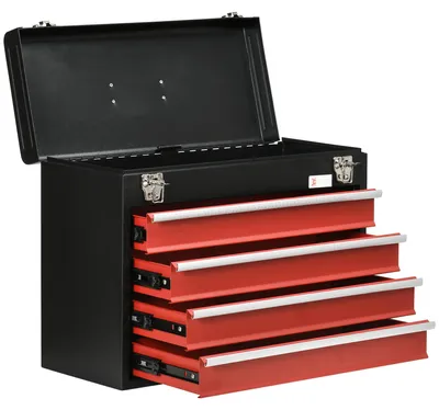 Produktbild von Werkzeugkasten aus Metall, Werkzeugkiste mit 4 Schubladen + Blechablage, 51 x 22 x 39,5 cm, schwarz