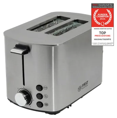 Produktbild von TZS First Austria Toaster | Edelstahl | 2 Scheiben | 850W | 7 Stufen | Warmhaltefunktion | abnehmbarer Brötchenwärmer | Krümelschale