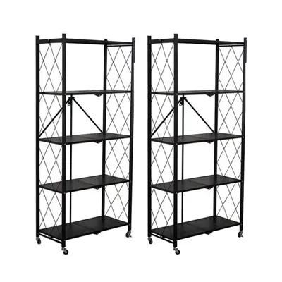 Two black metal shelving units with five shelves each, shown against a white background.