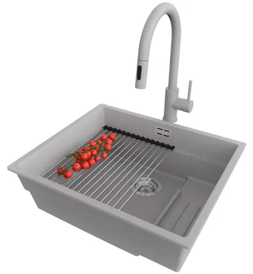 Produktbild von PRIMAGRAN Granitspüle Grau 56x47cm, Spülbecken 1 Becken + Küchenarmatur 40x20cm + Ablauf-Set + Küchenzubehörset, Küchenspüle ab 60er Unterschrank - Praga Slim