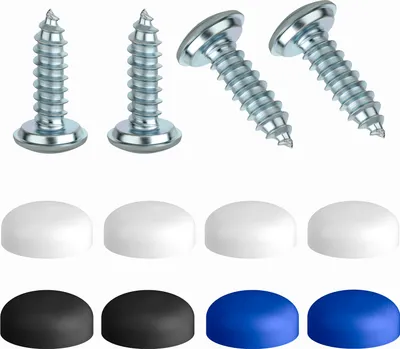 A product shot of screws and colored caps against a white background.