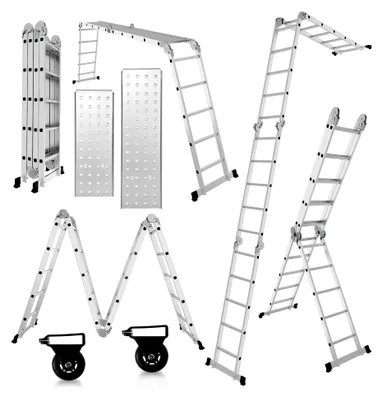 Produktbild von 7in1 Mehrzweckleiter, 470 cm Aluminium Klappleiter mit 2 Plattformen und Rädern, Multifunktionsleiter 16 Sprossen, Max. Belastung 150 kg, Gelenkleiter