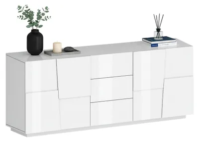 Produktbild von Kommode Ddamsgaar, Wohnzimmer-Buffet, Wohnzimmer-Kommode mit 4 Türen und 3 Schubladen, 220x44x86 cm, glänzend weiß