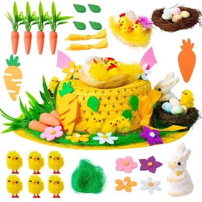 Image de Kit de loisirs créatifs pour Pâques : fabrication de chapeaux "faites-le vous-même" avec des motifs de poussins, de lapins, de carottes, de nids, d'herbe et de fleurs | Chapeau jaune