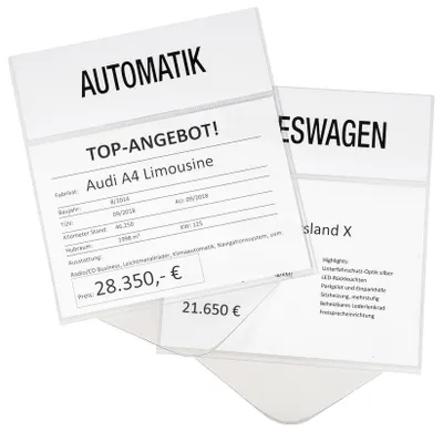 Produktbild von Individuell gestaltbare Verkaufsschilder, zum Klemmen hinter Seiten- oder Frontscheibe, Einsteckstreifen 50 (10 Design â 5 Stück), Verpackungseinheit: 5 STK