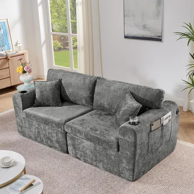 Produktbild von okwish 2-Sitzer Wohnzimmersofa mit Getränkehalter und Kissen,Chenille-Stoff, mit seitlicher Aufbewahrungstasche,für kleine Wohnungen,Grau