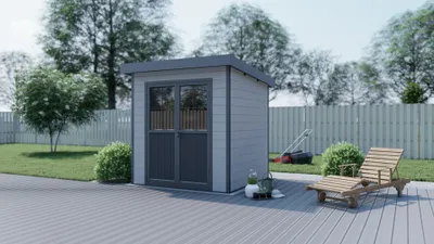 A garden shed is shown in a backyard setting with a lawn chair and a lawn mower in the background.