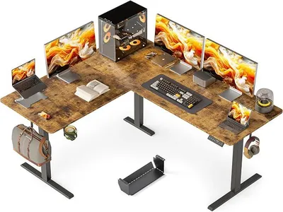 Productafbeelding van L-vormig verstelbaar bureau, elektrisch, 160 x 140 cm. Hoekbureau met verstelbare hoogte, sta-zit computerbureau met kabelmanagement, geschikt voor kantoor, thuiswerk en gamers, in rustieke bruine kleur