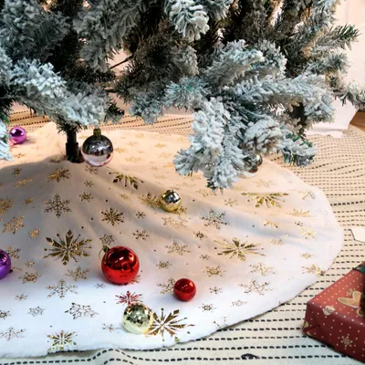 Kunstbont Kerstboomrok, Weiß, 90 cm, Plüsch, Schneeflocken