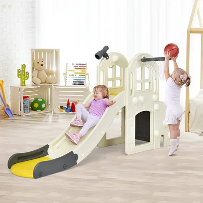 Produktbild von 6 in 1 Kinder Rutsche mit Basketballkorb & Klettern & Ringwurf & Tunnel & Teleskop, Kinderrutsche, Kinder Spielplatz für Jungen & Mädchen 3-8 Jahren (Gelb)