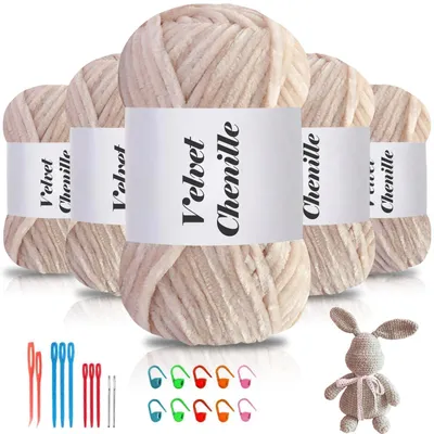 Zdjęcie produktu dla Przędza z miękkiego, pluszowego włókna chenille, 500g (5 motków po 100g), idealna do szydełkowania i robienia na drutach