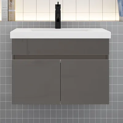Produktbild von Badmöbel HUTI-Serie 60cm Hochglanz Dunkelgrau Mineralguss Waschtisch mit Unterschrank Hängeschrank Badezimmermöbel mit 2 Türen
