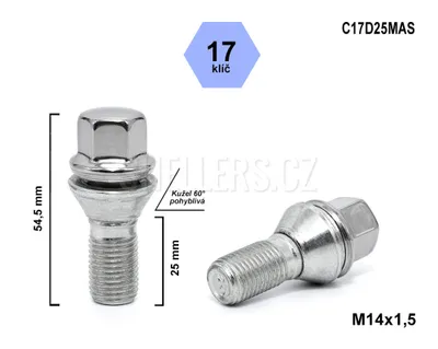 Obrázok produktu pre Skrutka kolesa M14x1,5x25 kužeľová, kľúč 17, C17D25MAS, výška 54,5 mm