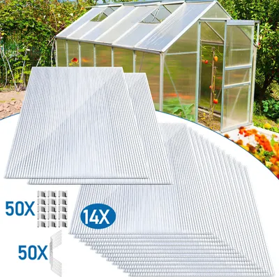 Obrázok produktu pre Jayseuw 14x polykarbonátové dvojstenné dosky 4 mm, 10,25 m² dvojstenná doska - 1210x605, 50x svorky + 50x Z-klipy, skleníkové dosky odolné voči UV žiareniu