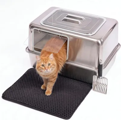 Produktbild von Katzenklo Edelstahl XXL mit Deckel – Katzentoilette Geschlossen mit Frontklappe & Top-Einstieg – 38L Katzentoilette Edelstahl – 60x40x33cm  – Leicht zu Reinigen & Geruchsresistent mit Schaufel & Matte
