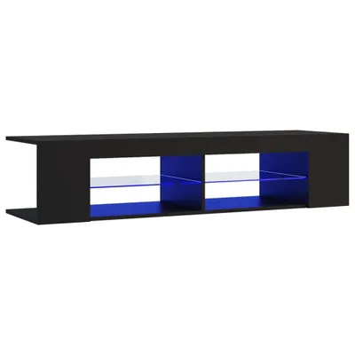 A black TV stand with two open compartments, each containing a clear glass shelf and illuminated by blue LED lights.
