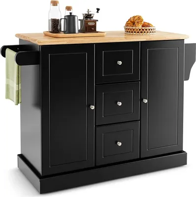Produktbild von GOPLUS Küchenwagen auf Rollen, Servierwagen mit Gummiholz Arbeitsplatte, Vielseitiges Gewürzregal, Handtuchhalter, 3 Schulbladen & 2 Schrank, Kücheninsel für Küche Esszimmer Bar (Schwarz)