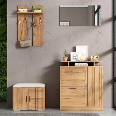 Produktbild von Flieks Flur- Garderoben-set mit Schuhbank und Schuhschrank, 1 Spiegel, 4 Haken, 5 Türen, Wandgarderobe, Flurgarderobe Set, Natur