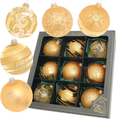 Produktbild von Krebs Glas Lauscha Christbaumkugeln Gold 9er Boxset - Größe ca. 8cm