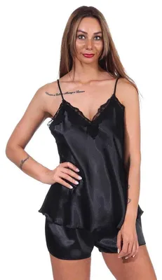 Produktbild von Damen Satin Nachtwäsche Pyjama Set Shorty mit Spitze; Schwarz/M