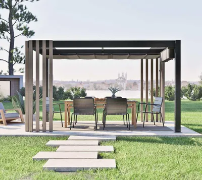 Image de Pergola indépendante Sojag Lito 1012 3 x 3,5 m avec voile d'ombrage aspect bois