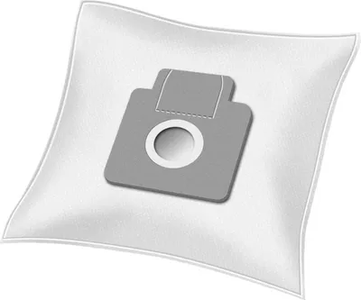 A vacuum cleaner bag with a gray connector piece on a white background.