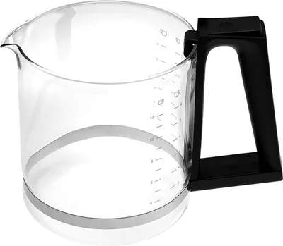 A clear glass coffee pot with a black handle against a white background.