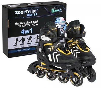A pair of black and yellow inline skates with their packaging box.