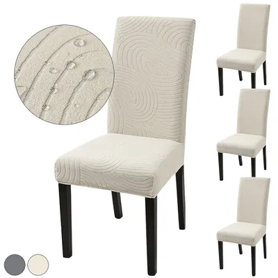Produktbild von Stuhlhussen 4er Set Beige Wasserdicht Stretch Stuhlhussen Für Esszimmerstühle Waschbarer Stuhlbezug Geometrischer Jacquard Schonbezug Hussen Für Stuhl