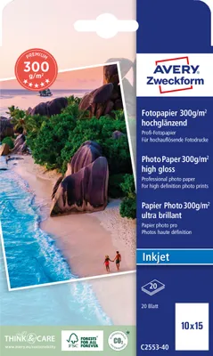 Produktbild von Avery Zweckform C2553-40 Premium Inkjet Fotopapier, 10x15, einseitig beschichtet, 300 g/m², 20 Blatt