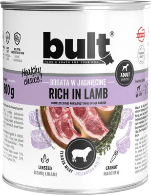 A can of dog food with images of lamb and ingredients.