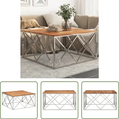 A coffee table with a wooden top and a silver metal frame is placed in a living room setting with a sofa and rug.