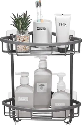 Imagen del producto de Estante de ducha Unyqoos® sin taladro: estante de esquina de 2 niveles, fabricado en metal resistente a la corrosión, autoadhesivo, con orificios de drenaje, cesta de almacenamiento para baño y cocina, color gris