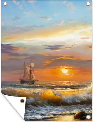 Produktbild von MuchoWow® 60x80 cm Outdoor-Poster Gartendeko Sichtschutz Garten Poster für den Garten  Malerei - Wasser - Segelboot - Ölfarbe
