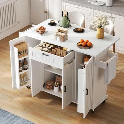 Immagine prodotto di Isola da cucina con piano di lavoro ribaltabile, 4 ante, 1 cassetto, 120 cm, bianca
