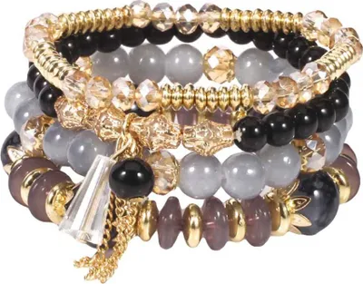 Produktbild von 4 Teile/satz Boho Faux Achat Perle Quaste Kette Charm Perlen Armband Frauen Schmuck-Schwarz